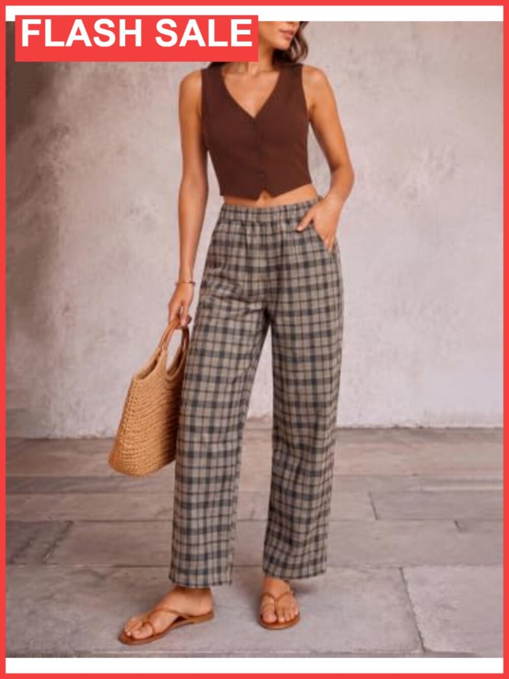 Plaid Wide Leg Pants High Elastic Waist Pull On Work Trousers - Picture 4 of 6
